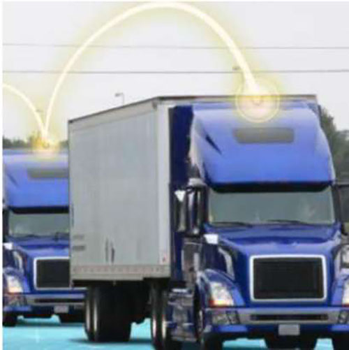 Image depicts example of connected trucks with a graphical line overlay representing V2V communications.