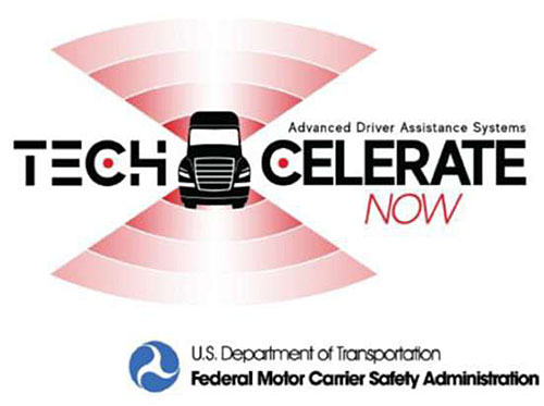 Logo of Tech-Celerate Now - Advanced Driver Assistance Systems. Logo of the US Department of Transportation - Federal Motor Carrier Safety Administration is at the bottom.
