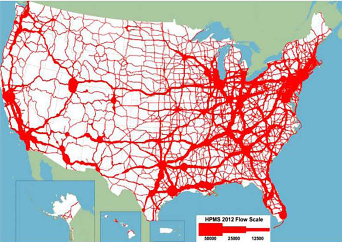 Map showing example of Track Congestion in the US. The map shows major roadways in red thick lines indicating HPMS 2012 Flow Scale, with extremely thick red lines dominating the Northeast part of the country, the Eastern and Central US from Atlanta through Chicago areas, through Texas, Florida, with various areas of intense red in population centers in the West and up the California and Northwest coast.