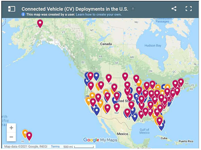 Screenshot photo of interface of connected vehicle deployments in the U.S. from the USDOT-compiled interactive map and database of CV operational and planned deployments to provide an overview. The Interactive Connected Vehicle Deployment Map tool in this example image shows a map of the U.S. with icons showing various deployments around the country.