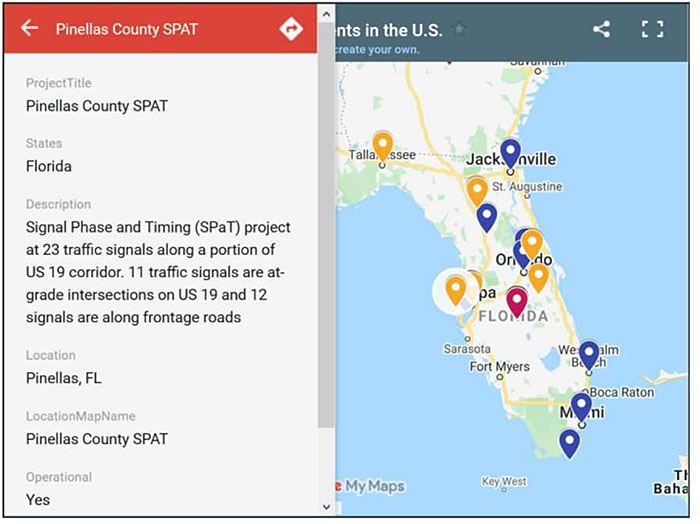 Screenshot photo of interface of connected vehicle deployments in the U.S. from the USDOT-compiled interactive map and database of CV operational and planned deployments to provide an overview. The Interactive Connected Vehicle Deployment Map tool in this example image shows a close up map of Florida with specifically the Pinellas County SPaT selected with information on the left side of the screen showing the name and description of the project, in this case a Signal Phase and Timing (SPaT) project at 23 traffic signals along a portion of US 19 corridor.