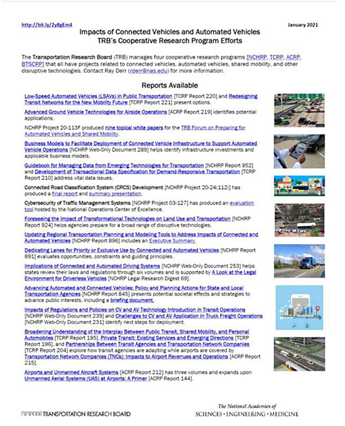 Screenshot example image from The Transportation Research Board (TRB) NCHRP Project 20-102 on Impacts of Connected and Automated Vehicles on State and Local Transportation Agencies has developed a significant body of fundamental research. Its objectives are to identify, conduct, and disseminate findings in CV and AV research for IOOs. Reports produced under this project have addressed topics as varied as business models, data management, planning guidance, and laws and regulations.