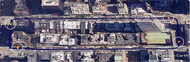 Figure 4. Example Runs showing the stop bar measurements (Source: Google Earth, edited by NYCDOT)