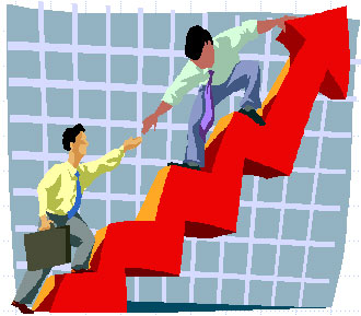 a graphic showing two businessmen climbing an upward arrow on a chart