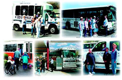 a photo montage of people getting on and off passenger vans and buses