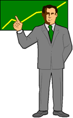 drawing of a man pointing to a line graph behind him