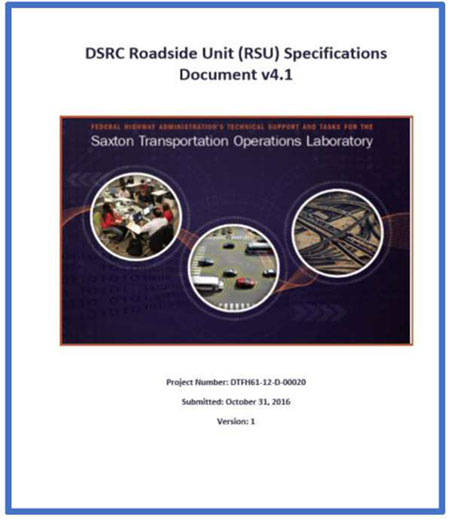 This slide contains three graphic images of a title page of RSU 4.1 specification report. Images depict a wireless network connectivity.