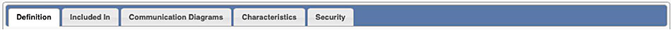 Underneath the title, the top portion of a box showing five tabs is displayed. The five tabs are "Definition", "Included In", "Communication Diagrams", "Characteristics", and "Security."