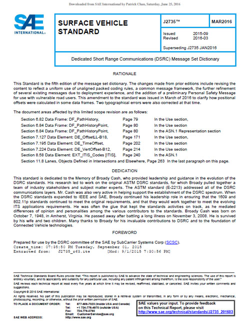 Author's relevant description for this figure: This figure is for example purposes only: The slide entitled "What is the scope and purpose of SAE J2735", with the subtitle "A data dictionary for the CV environment", has a graphic on the right side. The graphic shows the title page of the SAE J2735_201603 standard.